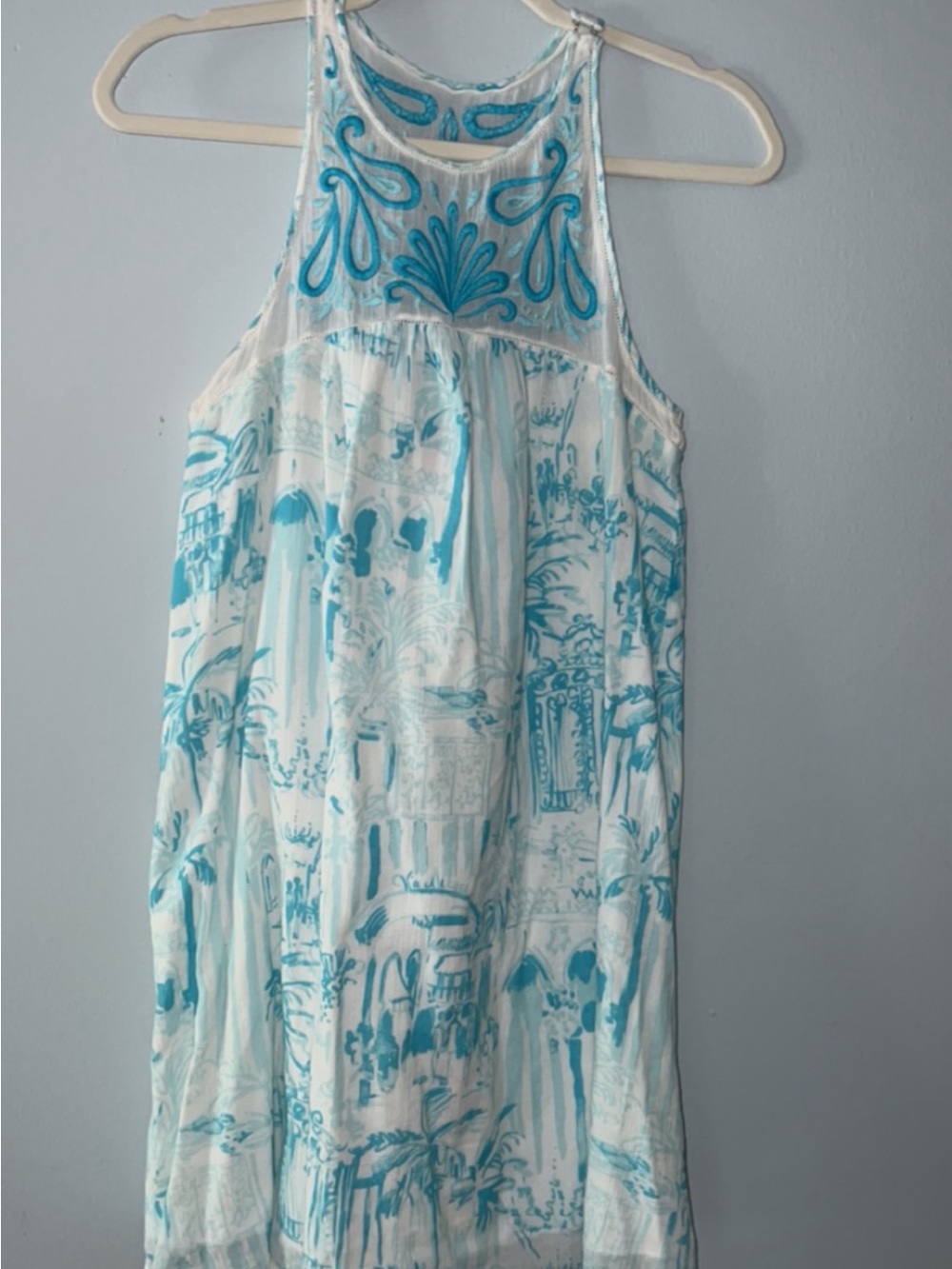 Lilly Pulitzer White and Turquoise Embroidered Halter Dress